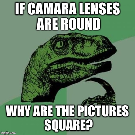Philosoraptor | IF CAMARA LENSES ARE ROUND WHY ARE THE PICTURES SQUARE? | image tagged in memes,philosoraptor | made w/ Imgflip meme maker