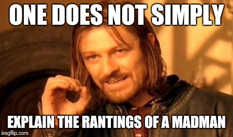 One Does Not Simply Meme | ONE DOES NOT SIMPLY EXPLAIN THE RANTINGS OF A MADMAN | image tagged in memes,one does not simply | made w/ Imgflip meme maker