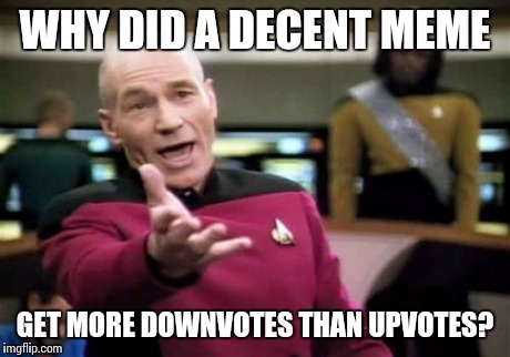 Picard Wtf Meme | WHY DID A DECENT MEME GET MORE DOWNVOTES THAN UPVOTES? | image tagged in memes,picard wtf | made w/ Imgflip meme maker