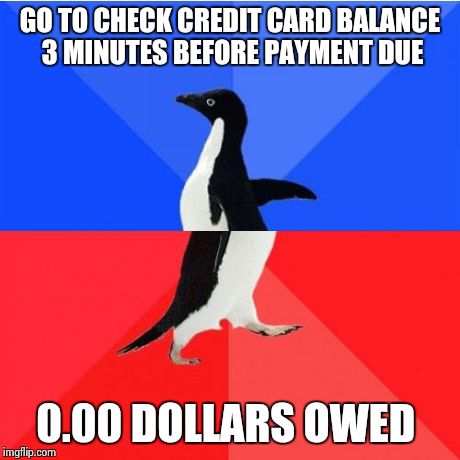 Socially Awkward Awesome Penguin | GO TO CHECK CREDIT CARD BALANCE 3 MINUTES BEFORE PAYMENT DUE 0.00 DOLLARS OWED | image tagged in memes,socially awkward awesome penguin | made w/ Imgflip meme maker