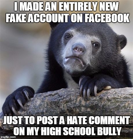 I've got balls, they're just small. | I MADE AN ENTIRELY NEW FAKE ACCOUNT ON FACEBOOK JUST TO POST A HATE COMMENT ON MY HIGH SCHOOL BULLY | image tagged in memes,confession bear | made w/ Imgflip meme maker