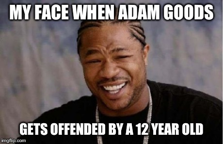 Yo Dawg Heard You Meme | MY FACE WHEN ADAM GOODS GETS OFFENDED BY A 12 YEAR OLD | image tagged in memes,yo dawg heard you | made w/ Imgflip meme maker