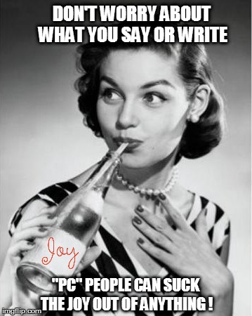 Politically correct people are joy suckers | DON'T WORRY ABOUT WHAT YOU SAY OR WRITE "PC" PEOPLE CAN SUCK THE JOY OUT OF ANYTHING ! | image tagged in joy,sucks,pc,funny | made w/ Imgflip meme maker