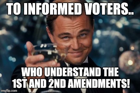 Leonardo Dicaprio Cheers Meme | TO INFORMED VOTERS.. WHO UNDERSTAND THE 1ST AND 2ND AMENDMENTS! | image tagged in memes,leonardo dicaprio cheers | made w/ Imgflip meme maker
