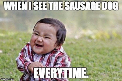 Evil Toddler Meme | WHEN I SEE THE SAUSAGE DOG EVERYTIME. | image tagged in memes,evil toddler | made w/ Imgflip meme maker