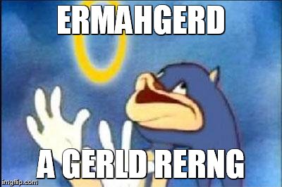 Sonic derp | ERMAHGERD A GERLD RERNG | image tagged in sonic derp | made w/ Imgflip meme maker