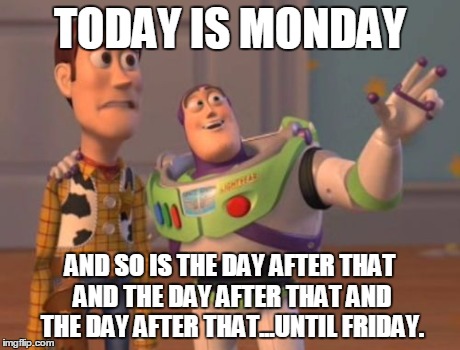 X, X Everywhere Meme | TODAY IS MONDAY AND SO IS THE DAY AFTER THAT AND THE DAY AFTER THAT AND THE DAY AFTER THAT...UNTIL FRIDAY. | image tagged in memes,x x everywhere | made w/ Imgflip meme maker