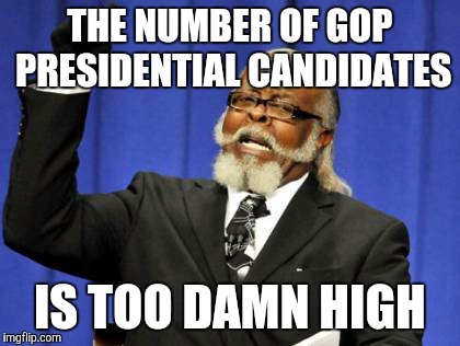 How many GOP candidates will there be? | THE NUMBER OF GOP PRESIDENTIAL CANDIDATES IS TOO DAMN HIGH | image tagged in memes,too damn high | made w/ Imgflip meme maker