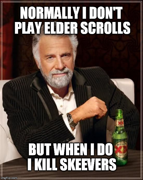 dos xx | NORMALLY I DON'T PLAY ELDER SCROLLS BUT WHEN I DO I KILL SKEEVERS | image tagged in the most interesting man in the world,elder scrolls | made w/ Imgflip meme maker