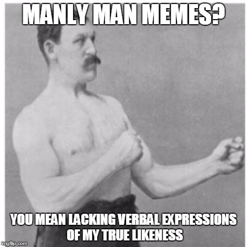 Overly Manly Man Meme | MANLY MAN MEMES? YOU MEAN LACKING VERBAL EXPRESSIONS OF MY TRUE LIKENESS | image tagged in memes,overly manly man | made w/ Imgflip meme maker