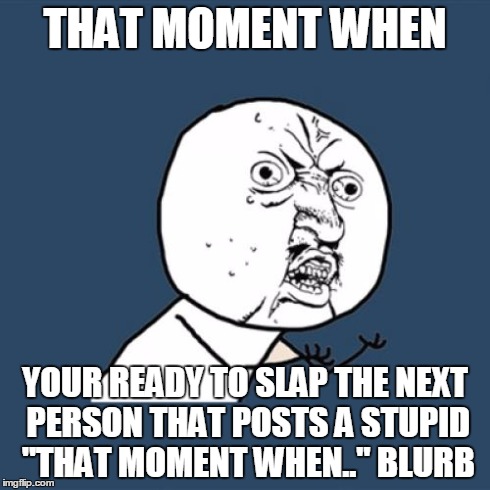 Y U No Meme | THAT MOMENT WHEN YOUR READY TO SLAP THE NEXT PERSON THAT POSTS A STUPID "THAT MOMENT WHEN.." BLURB | image tagged in memes,y u no | made w/ Imgflip meme maker