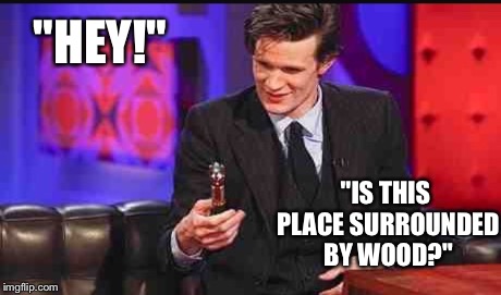 The Sonics Weakness | "HEY!" "IS THIS PLACE SURROUNDED BY WOOD?" | image tagged in doctor who | made w/ Imgflip meme maker