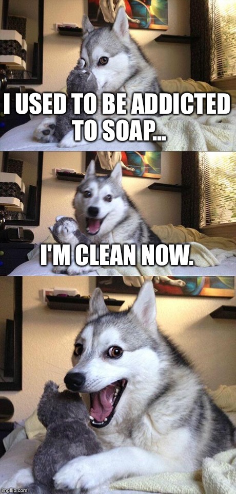 Bad Pun Dog | I USED TO BE ADDICTED TO SOAP... I'M CLEAN NOW. | image tagged in memes,bad pun dog | made w/ Imgflip meme maker