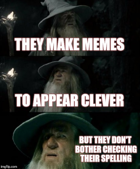 Confused Gandalf Meme | THEY MAKE MEMES TO APPEAR CLEVER BUT THEY DON'T BOTHER CHECKING THEIR SPELLING | image tagged in memes,confused gandalf | made w/ Imgflip meme maker