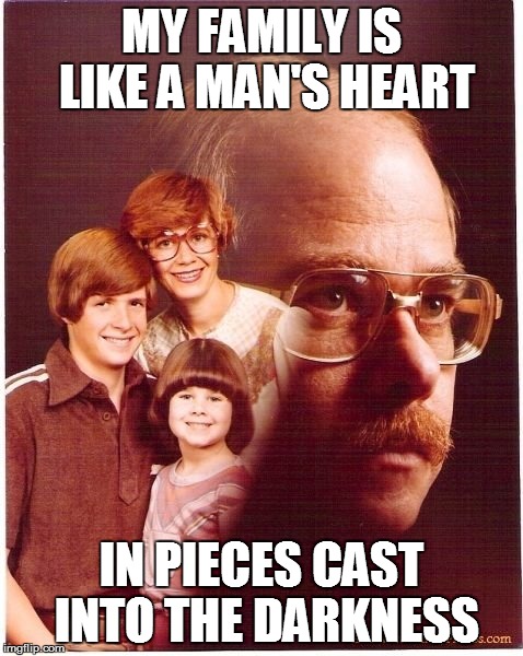 Vengeance Dad | MY FAMILY IS LIKE A MAN'S HEART IN PIECES CAST INTO THE DARKNESS | image tagged in memes,vengeance dad | made w/ Imgflip meme maker