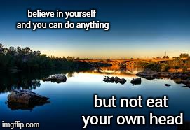 believe in yourself and you can do anything but not eat your own head | image tagged in inspiration | made w/ Imgflip meme maker