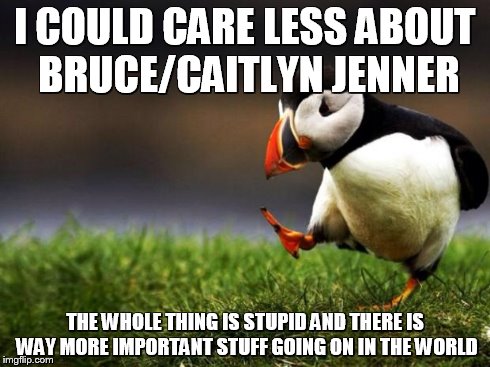 Unpopular Opinion Puffin Meme | I COULD CARE LESS ABOUT BRUCE/CAITLYN JENNER THE WHOLE THING IS STUPID AND THERE IS WAY MORE IMPORTANT STUFF GOING ON IN THE WORLD | image tagged in memes,unpopular opinion puffin | made w/ Imgflip meme maker