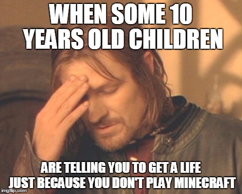 true story | WHEN SOME 10 YEARS OLD CHILDREN ARE TELLING YOU TO GET A LIFE JUST BECAUSE YOU DON'T PLAY MINECRAFT | image tagged in memes,frustrated boromir | made w/ Imgflip meme maker