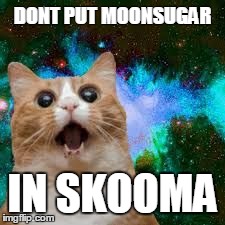 Cat in space | DONT PUT MOONSUGAR IN SKOOMA | image tagged in cat in space | made w/ Imgflip meme maker