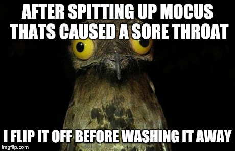 Weird Stuff I Do Potoo | AFTER SPITTING UP MOCUS THATS CAUSED A SORE THROAT I FLIP IT OFF BEFORE WASHING IT AWAY | image tagged in memes,weird stuff i do potoo | made w/ Imgflip meme maker