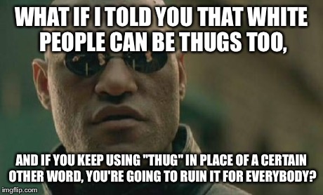 Attention conservative Republicans: | WHAT IF I TOLD YOU THAT WHITE PEOPLE CAN BE THUGS TOO, AND IF YOU KEEP USING "THUG" IN PLACE OF A CERTAIN OTHER WORD, YOU'RE GOING TO RUIN I | image tagged in memes,matrix morpheus | made w/ Imgflip meme maker