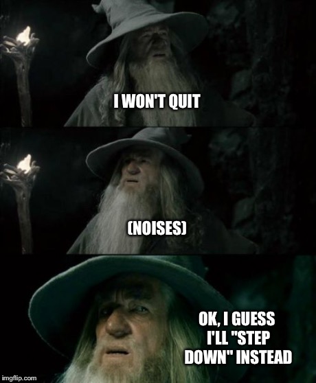 Confused Gandalf Meme | I WON'T QUIT (NOISES) OK, I GUESS I'LL "STEP DOWN" INSTEAD | image tagged in memes,confused gandalf | made w/ Imgflip meme maker