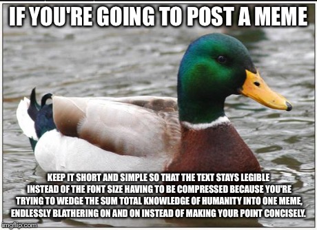 Actual Advice Mallard Meme | IF YOU'RE GOING TO POST A MEME KEEP IT SHORT AND SIMPLE SO THAT THE TEXT STAYS LEGIBLE INSTEAD OF THE FONT SIZE HAVING TO BE COMPRESSED BECA | image tagged in memes,actual advice mallard,AdviceAnimals | made w/ Imgflip meme maker