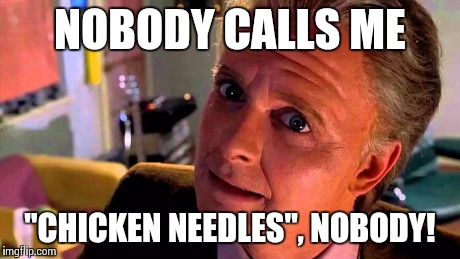 What the hell are Chicken Needles?! | NOBODY CALLS ME "CHICKEN NEEDLES", NOBODY! | image tagged in old marty mcfly,memes | made w/ Imgflip meme maker
