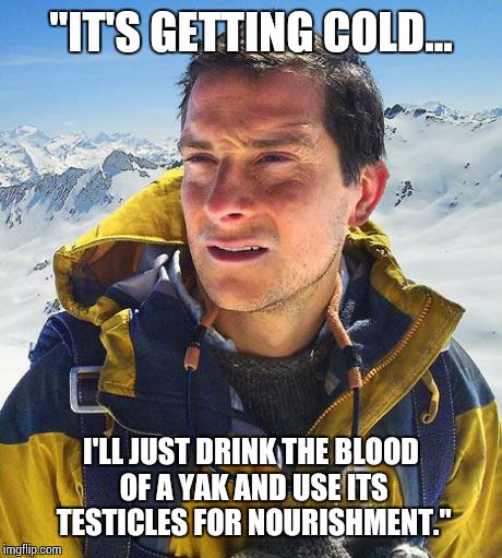 Bear Grylls Meme | "IT'S GETTING COLD... I'LL JUST DRINK THE BLOOD OF A YAK AND USE ITS TESTICLES FOR NOURISHMENT." | image tagged in memes,bear grylls | made w/ Imgflip meme maker