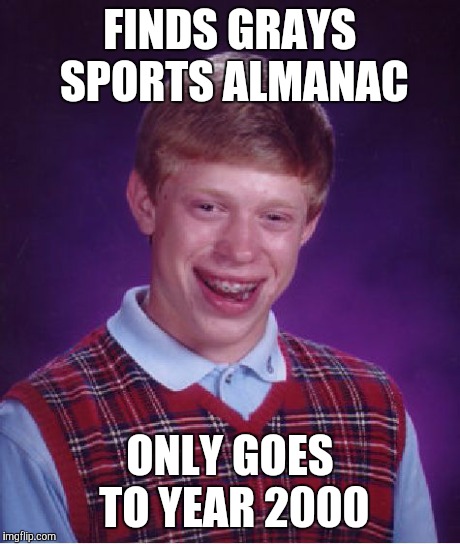 Back to the future fail | FINDS GRAYS SPORTS ALMANAC ONLY GOES TO YEAR 2000 | image tagged in memes,bad luck brian | made w/ Imgflip meme maker