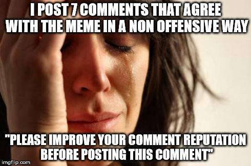 Imgflip is a cunty website. | I POST 7 COMMENTS THAT AGREE WITH THE MEME IN A NON OFFENSIVE WAY "PLEASE IMPROVE YOUR COMMENT REPUTATION BEFORE POSTING THIS COMMENT" | image tagged in memes,first world problems | made w/ Imgflip meme maker