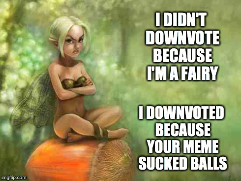 Angry fairy | I DIDN'T DOWNVOTE BECAUSE I'M A FAIRY I DOWNVOTED BECAUSE YOUR MEME SUCKED BALLS | image tagged in angry fairy,downvote fairy,downvote,downvoting,downvotes,memes | made w/ Imgflip meme maker