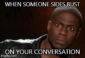 Kevin Hart Meme | WHEN SOMEONE SIDES BUST ON YOUR CONVERSATION | image tagged in memes,kevin hart the hell | made w/ Imgflip meme maker