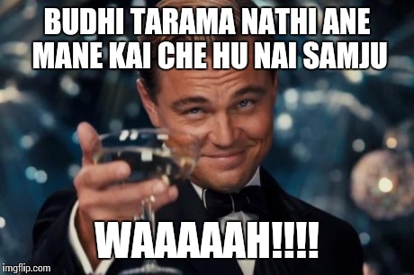 Leonardo Dicaprio Cheers Meme | BUDHI TARAMA NATHI ANE MANE KAI CHE HU NAI SAMJU WAAAAAH!!!! | image tagged in memes,leonardo dicaprio cheers | made w/ Imgflip meme maker