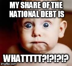 freaked baby | MY SHARE OF THE NATIONAL DEBT IS WHATTTTT?!?!?!? | image tagged in freaked baby | made w/ Imgflip meme maker
