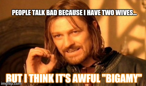 One Does Not Simply | PEOPLE TALK BAD BECAUSE I HAVE TWO WIVES... BUT I THINK IT'S AWFUL ''BIGAMY'' | image tagged in memes,one does not simply | made w/ Imgflip meme maker