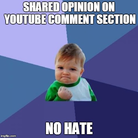 Success Kid Meme | SHARED OPINION ON YOUTUBE COMMENT SECTION NO HATE | image tagged in memes,success kid | made w/ Imgflip meme maker