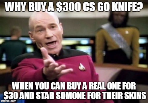 CS:GO Logic | WHY BUY A $300 CS GO KNIFE? WHEN YOU CAN BUY A REAL ONE FOR $30 AND STAB SOMONE FOR THEIR SKINS | image tagged in memes,picard wtf,csgo | made w/ Imgflip meme maker