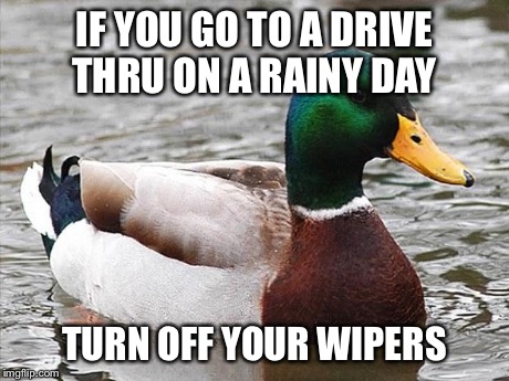 Advice mallard  | IF YOU GO TO A DRIVE THRU ON A RAINY DAY TURN OFF YOUR WIPERS | image tagged in advice mallard  | made w/ Imgflip meme maker