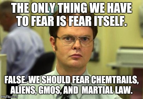 Dwight Schrute Meme | THE ONLY THING WE HAVE TO FEAR IS FEAR ITSELF. FALSE. WE SHOULD FEAR CHEMTRAILS, ALIENS, GMOS, AND  MARTIAL LAW. | image tagged in memes,dwight schrute | made w/ Imgflip meme maker