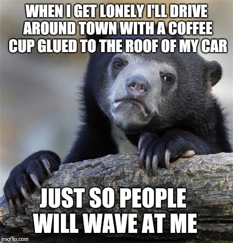 Hi Confession Bear | WHEN I GET LONELY I'LL DRIVE AROUND TOWN WITH A COFFEE CUP GLUED TO THE ROOF OF MY CAR JUST SO PEOPLE WILL WAVE AT ME | image tagged in memes,confession bear | made w/ Imgflip meme maker