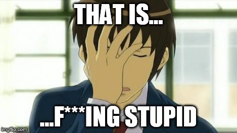 Kyon Facepalm Ver 2 | THAT IS... ...F***ING STUPID | image tagged in kyon facepalm ver 2 | made w/ Imgflip meme maker