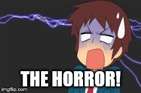 Kyon shocked | THE HORROR! | image tagged in kyon shocked | made w/ Imgflip meme maker