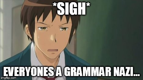 Kyon WTF | *SIGH* EVERYONES A GRAMMAR NAZI... | image tagged in kyon wtf | made w/ Imgflip meme maker