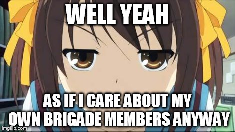 Haruhi stare | WELL YEAH AS IF I CARE ABOUT MY OWN BRIGADE MEMBERS ANYWAY | image tagged in haruhi stare | made w/ Imgflip meme maker