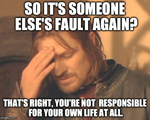 Frustrated Boromir | SO IT'S SOMEONE ELSE'S FAULT AGAIN? THAT'S RIGHT, YOU'RE NOT  RESPONSIBLE FOR YOUR OWN LIFE AT ALL. | image tagged in memes,frustrated boromir | made w/ Imgflip meme maker