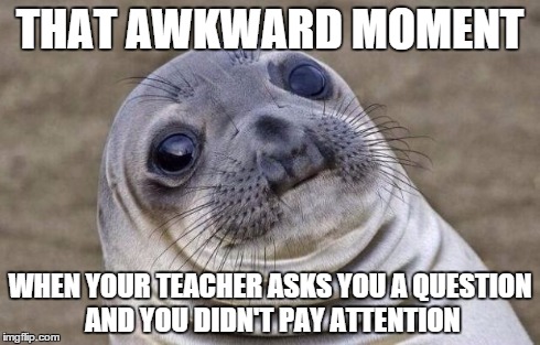 Awkward Moment Sealion | THAT AWKWARD MOMENT WHEN YOUR TEACHER ASKS YOU A QUESTION AND YOU DIDN'T PAY ATTENTION | image tagged in memes,awkward moment sealion | made w/ Imgflip meme maker