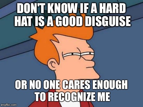 Futurama Fry | DON'T KNOW IF A HARD HAT IS A GOOD DISGUISE OR NO ONE CARES ENOUGH TO RECOGNIZE ME | image tagged in memes,futurama fry,AdviceAnimals | made w/ Imgflip meme maker