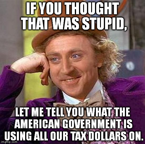 Creepy Condescending Wonka | IF YOU THOUGHT THAT WAS STUPID, LET ME TELL YOU WHAT THE AMERICAN GOVERNMENT IS USING ALL OUR TAX DOLLARS ON. | image tagged in memes,creepy condescending wonka | made w/ Imgflip meme maker