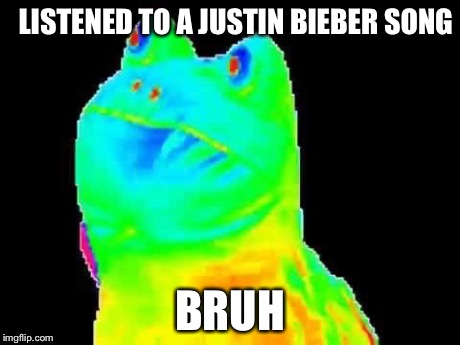LISTENED TO A JUSTIN BIEBER SONG BRUH | image tagged in disco frog | made w/ Imgflip meme maker